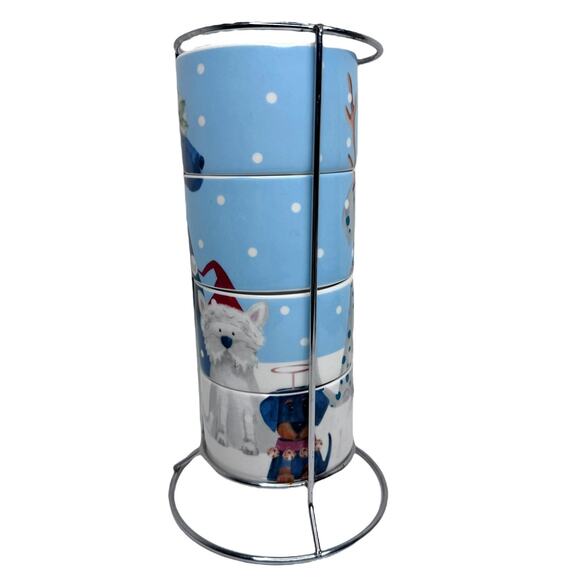 Pier 1 Imports Christmas Dog Stacking Mugs Set of 4 Stoneware Mugs With Caddy - Picture 9 of 10